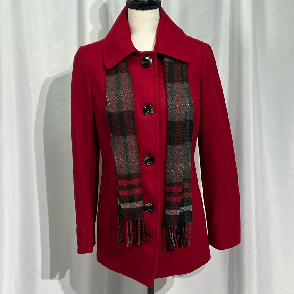 Anne Klein Single Breasted Red Wool Coat with Scarf - size Small